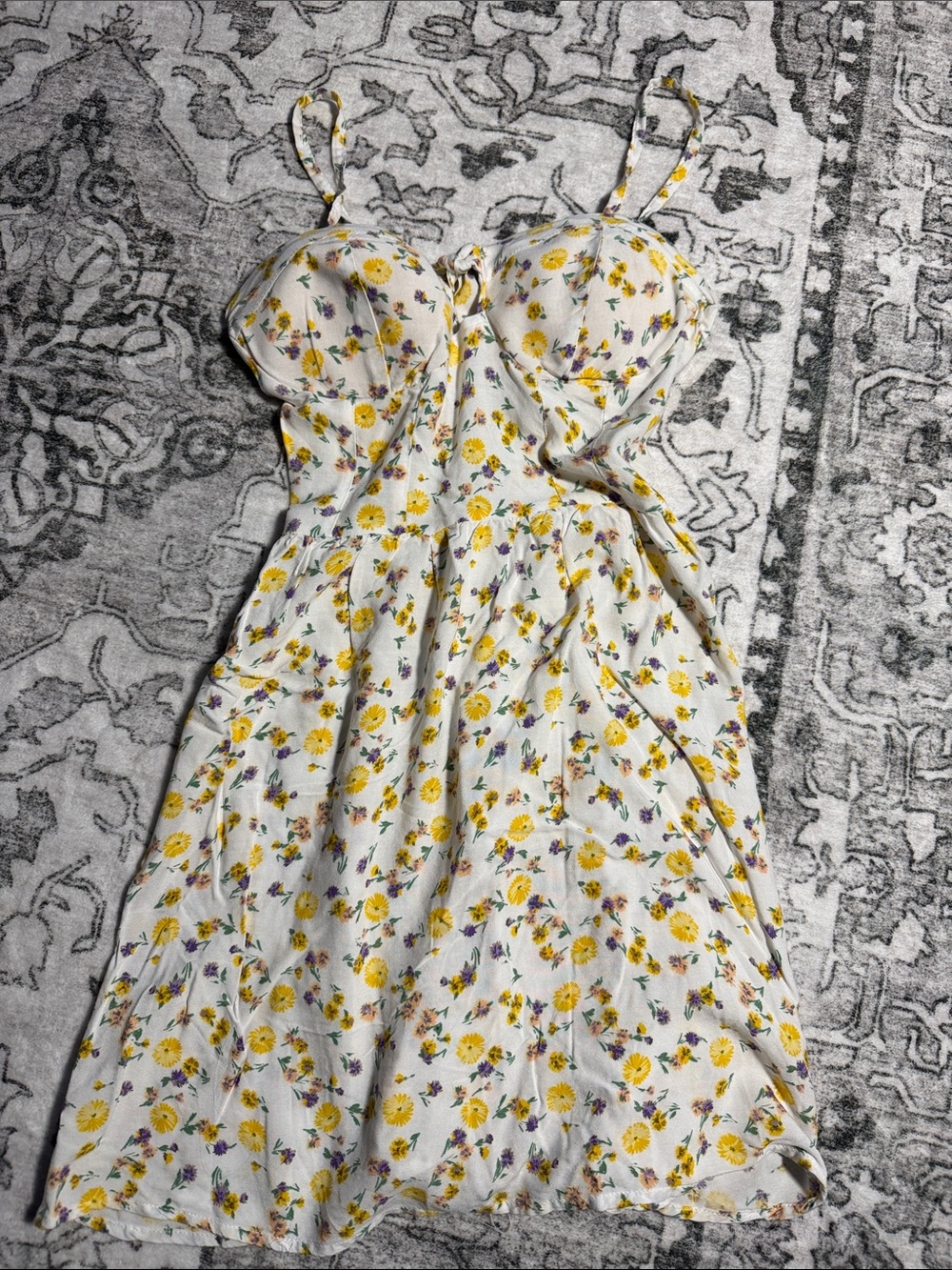 Sunlit Floral Midi Dress with Spaghetti Straps - White & Yellow